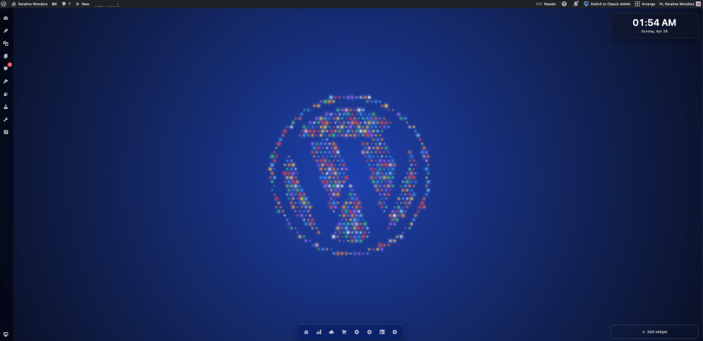 WordPress admin shown in Desktop Mode, with a wallpaper background, desktop-style interface, left-side dock, and bottom taskbar